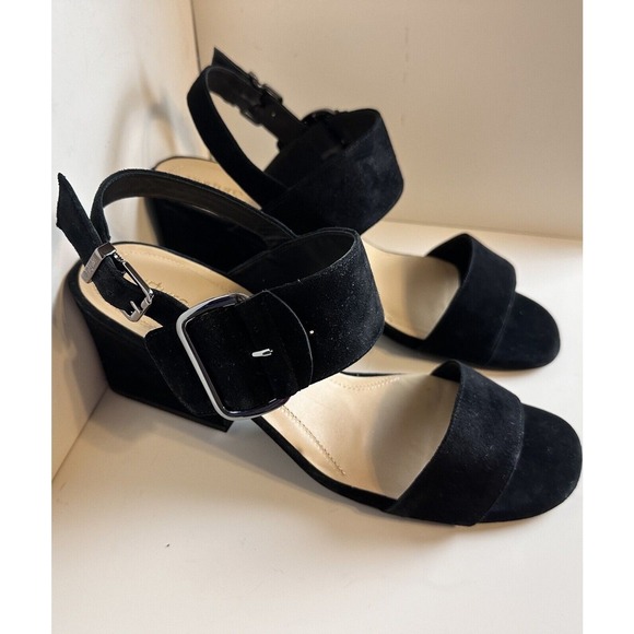 Nurture Black Suede Ankle Strap Wedge Sandals  11 Minimalist Classy Chic 41-21 - Picture 1 of 11